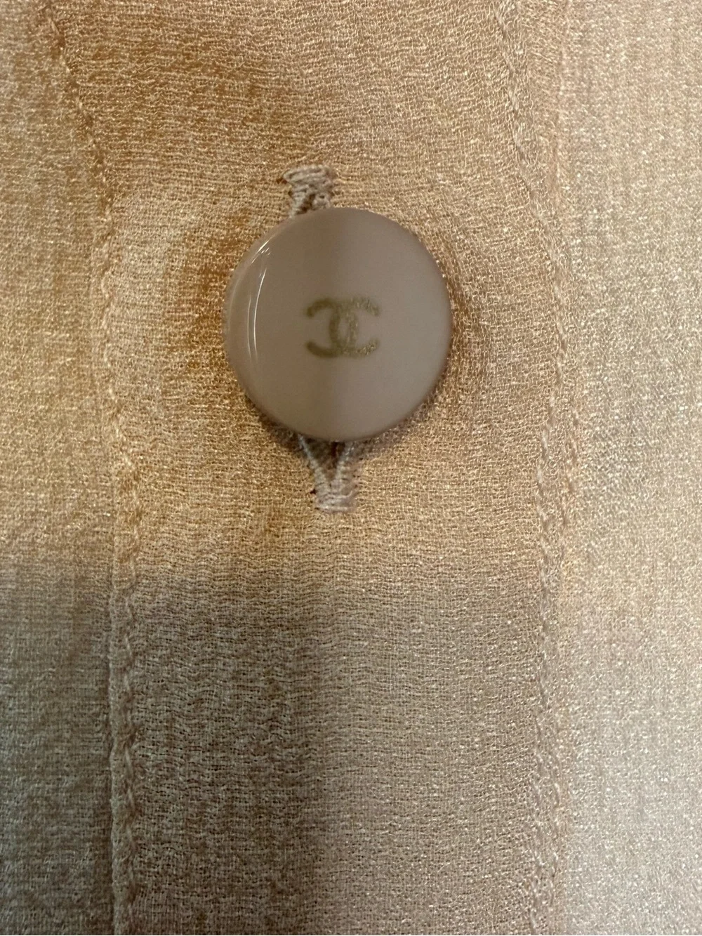 Classic CHANEL 2001A Nude Beige  Silk Sheer Cropped Shirt CC Logo Buttons FR 40